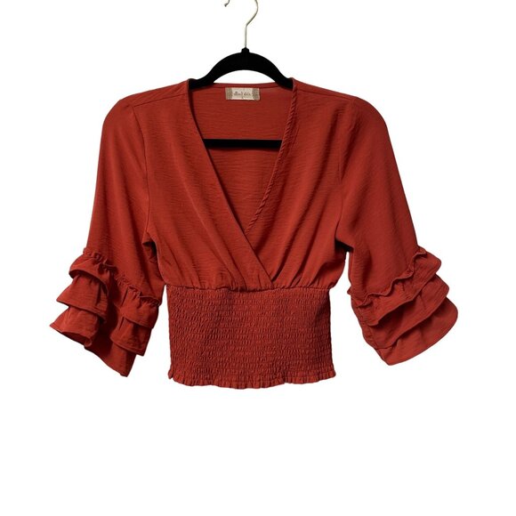 ALTAR'D STATE BLOUSE CROP RUFFLE SMOCKED V-NECK FEMININE FLOUNCE SIZE S RUST - Picture 1 of 7